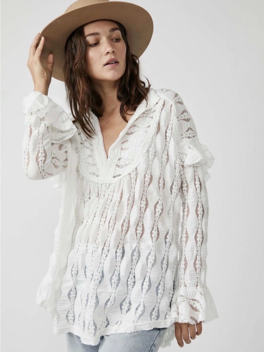 Free People Candy Shop Tunic Top Ivory White Lace Boho Festival Oversized XS